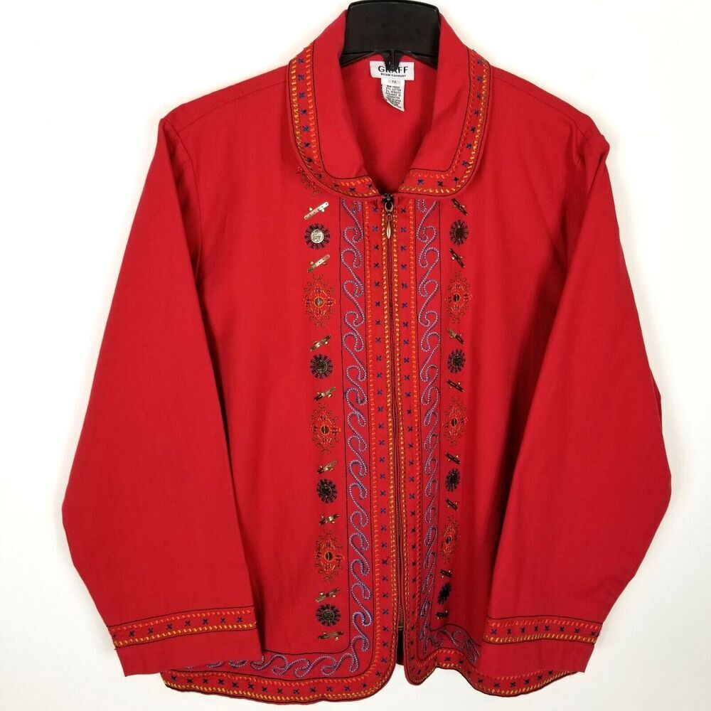 Graff by Um Company Women Embellished Zip‎ Up Jacket Sz 1X Red Artsy Boho